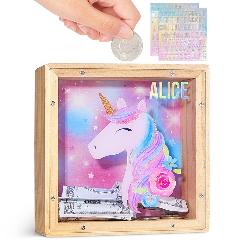 Wooden Piggy Bank for Kids Boys Girls DIY Name Coin Bank Unicorn Dinosaur Money Bank with Letter Stickers