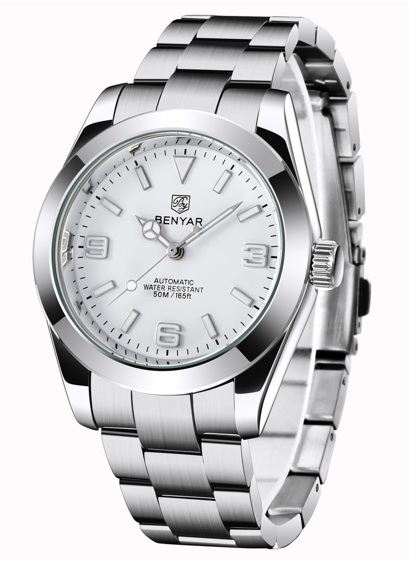 BENYAR Men's Fashion Mechanical Automatic Watches, 41MM Stainless Steel Waterproof Frame, Luminous Hands, White Dial, Silver Fashion Steel Belt Elegant Luxury Analog Watch BY5177  - Image 1