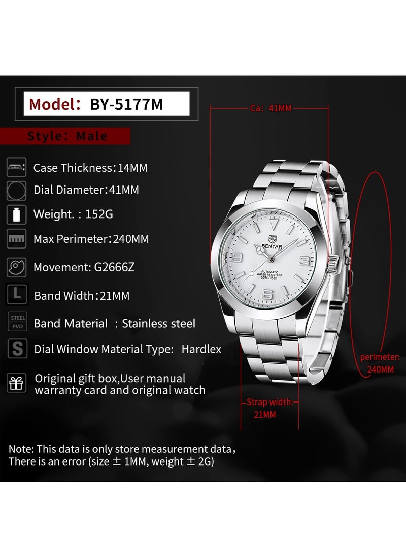 BENYAR Men's Fashion Mechanical Automatic Watches, 41MM Stainless Steel Waterproof Frame, Luminous Hands, White Dial, Silver Fashion Steel Belt Elegant Luxury Analog Watch BY5177  - Image 3