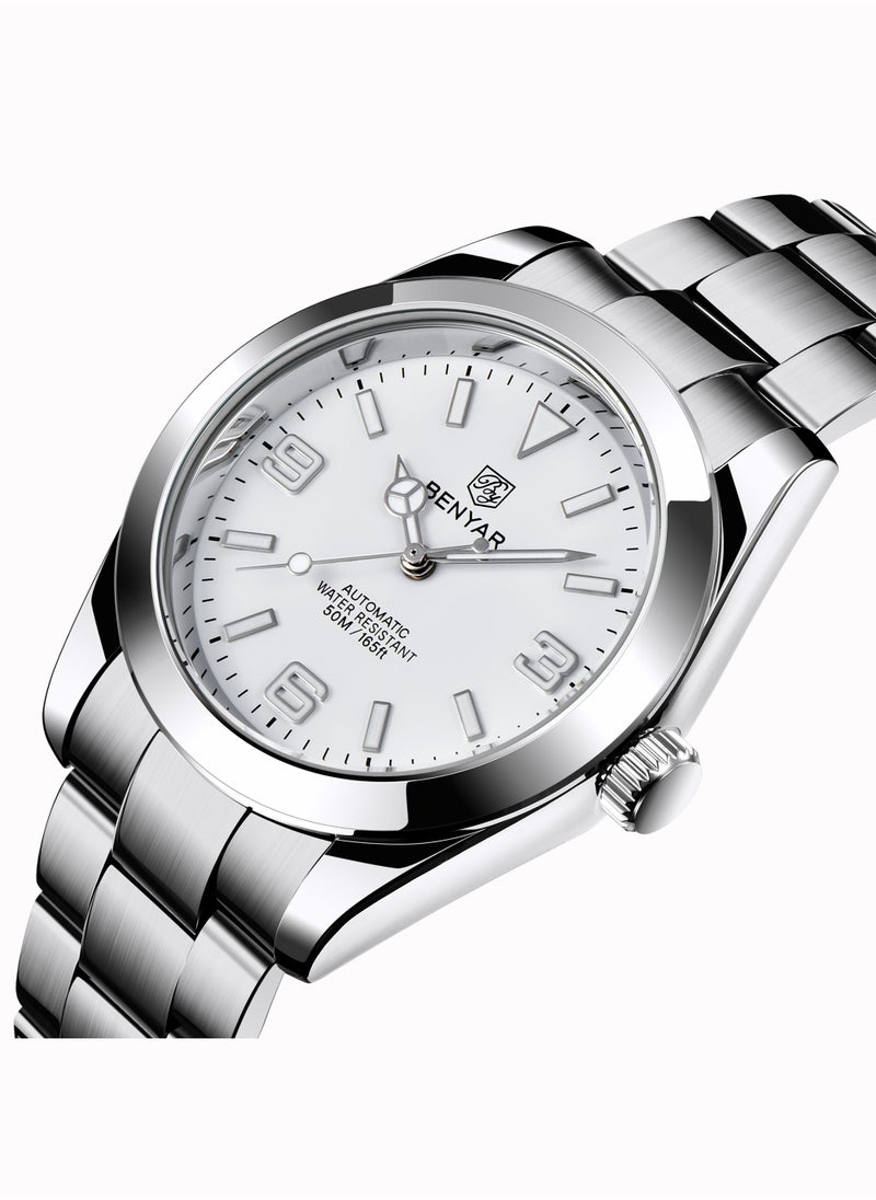 BENYAR Men's Fashion Mechanical Automatic Watches, 41MM Stainless Steel Waterproof Frame, Luminous Hands, White Dial, Silver Fashion Steel Belt Elegant Luxury Analog Watch BY5177  - Image 4