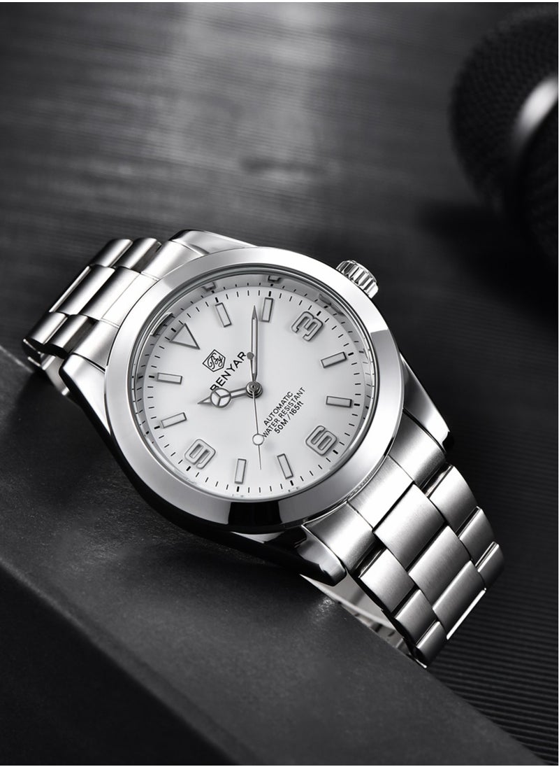 BENYAR Men's Fashion Mechanical Automatic Watches, 41MM Stainless Steel Waterproof Frame, Luminous Hands, White Dial, Silver Fashion Steel Belt Elegant Luxury Analog Watch BY5177  - Image 5