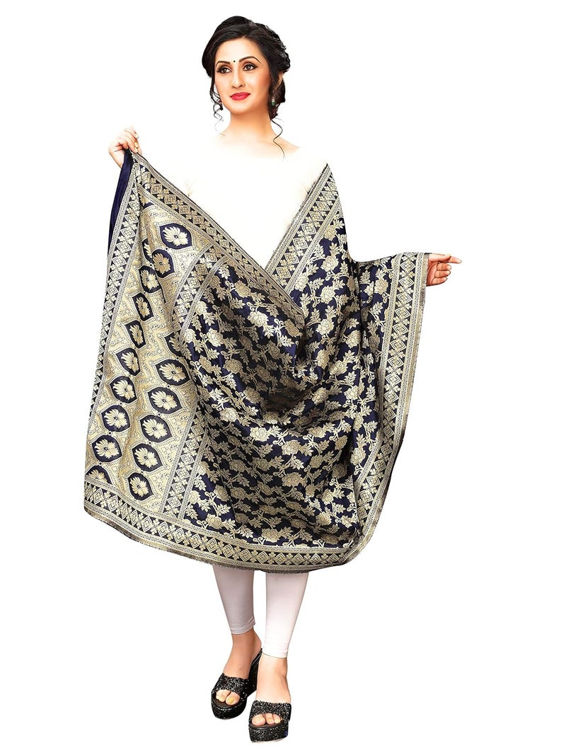 JENNY DESIGNER شال بناراسي حرير مطبوع للنساء - أزرق داكن (2.30 متر × 36 بوصة) - Image 2