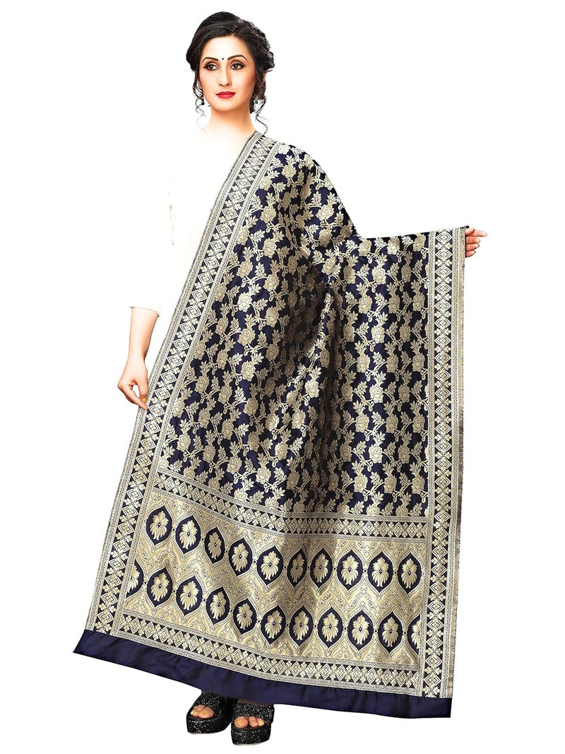 JENNY DESIGNER شال بناراسي حرير مطبوع للنساء - أزرق داكن (2.30 متر × 36 بوصة) - Image 1