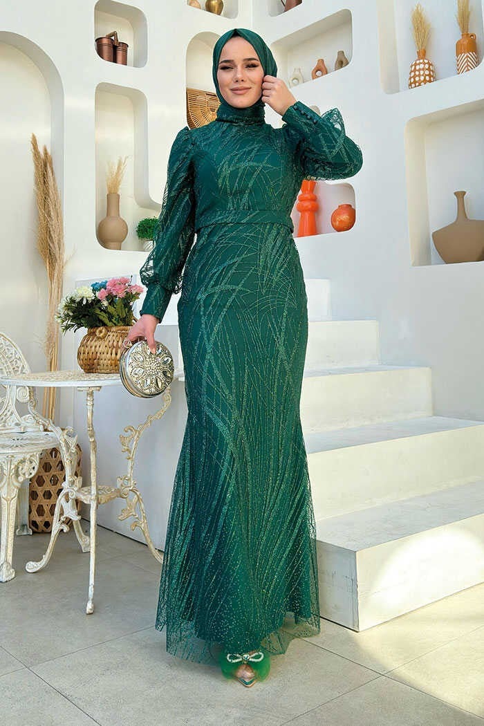 Bym Fashion Patterned Waist Belt Fish Evening Dress 1139 Emerald - Image 1