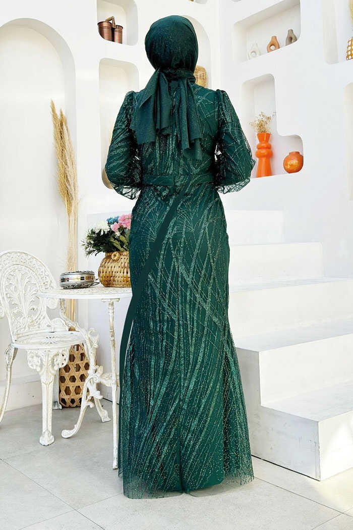 Bym Fashion Patterned Waist Belt Fish Evening Dress 1139 Emerald - Image 3