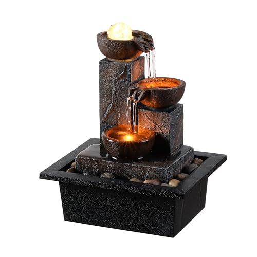 Tolevoit Three Bowls with Rotating Ball Flowing Tabletop Fountain Home Dcor IndoorOutdoor Decor Waterfall Sound Zen Mini Fountain Warm Led Light Pebbles Stone23114