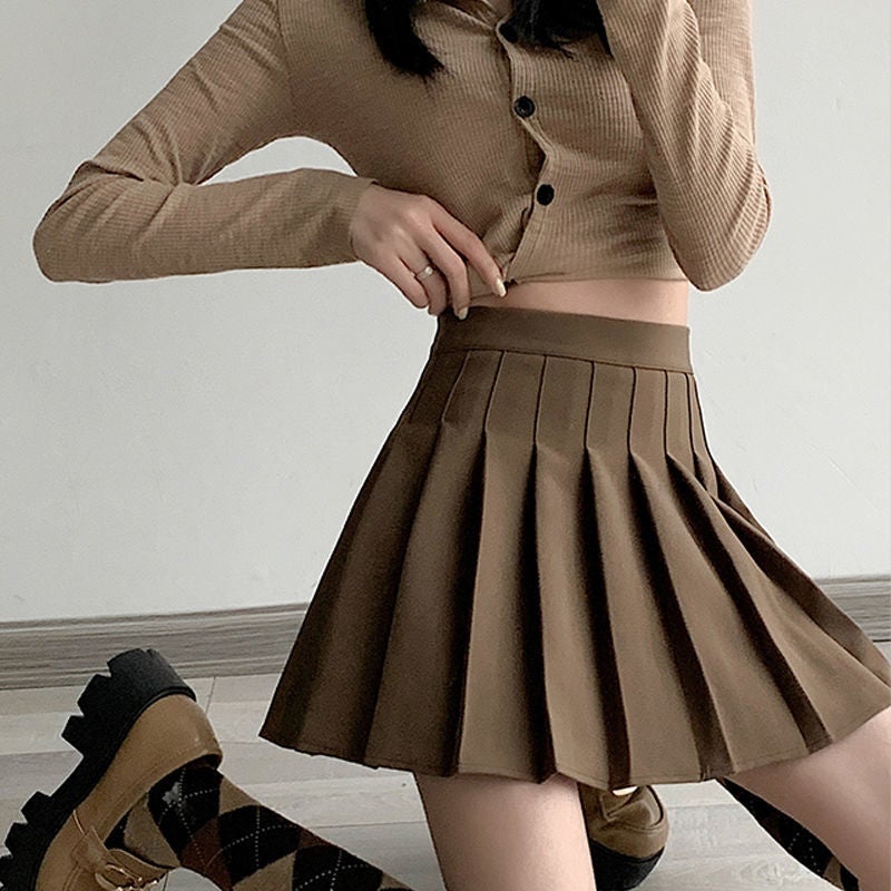Pleated Skirt Womens Spring/Autumn/Summer 2022 New Black Skirt High Waist Small a-Shape Slim JK Skirt Khaki [suit fabric] comes with safety pants