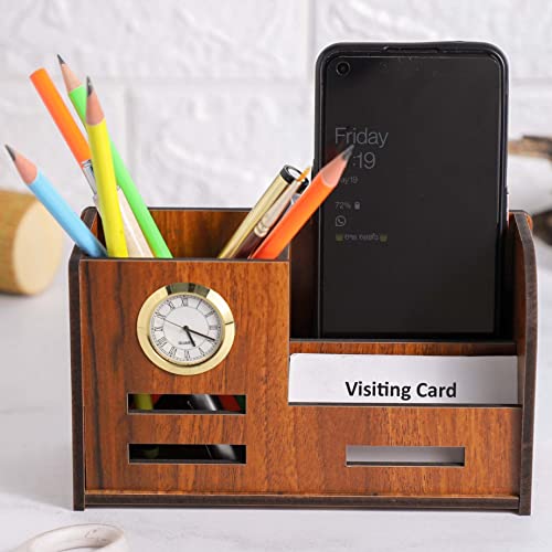 Deskart Stylish Pen Stand with Clock, Business Visiting Card & Mobile Holder | Multipurpose Wooden Desk Organizer for Office Desk and Study Table - Image 1