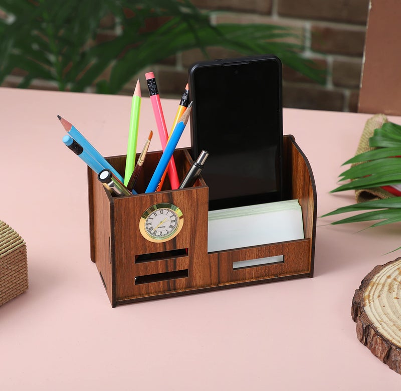 Deskart Stylish Pen Stand with Clock, Business Visiting Card & Mobile Holder | Multipurpose Wooden Desk Organizer for Office Desk and Study Table - Image 3