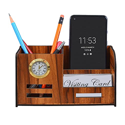 Deskart Stylish Pen Stand with Clock, Business Visiting Card & Mobile Holder | Multipurpose Wooden Desk Organizer for Office Desk and Study Table - Image 4