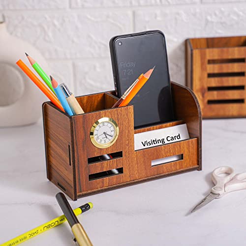 Deskart Stylish Pen Stand with Clock, Business Visiting Card & Mobile Holder | Multipurpose Wooden Desk Organizer for Office Desk and Study Table - Image 2