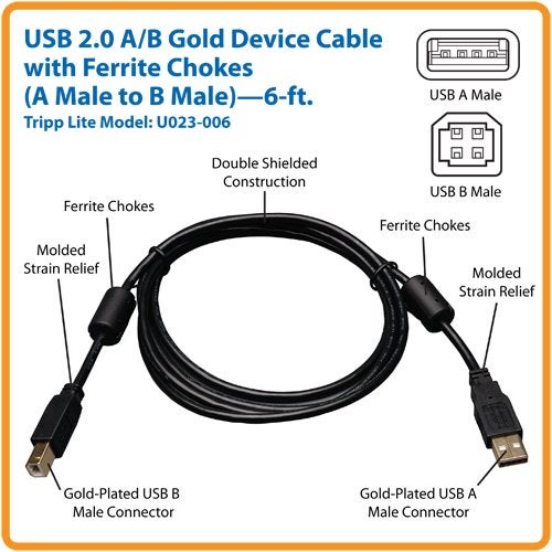 Tripp Lite USB 2.0 Hi-Speed A/B Cable with Ferrite Chokes (M/M) 6-ft. (U023-006), Black - Image 2