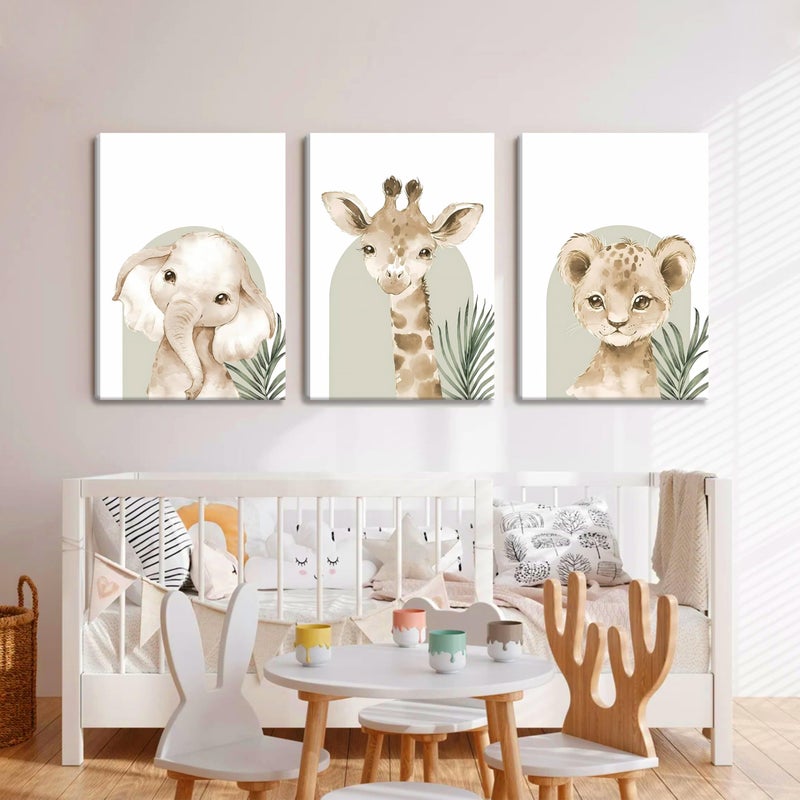 BGFCE Nursery Wall Decor Set of 3, Cute Animal Lion Elephant Baby Pictures Poster Prints, Giraffe Jungle Canvas Wall Art Woodland Nursery Decor for Boys Girls Room Decoration 12x16 inch Framed - Image 4