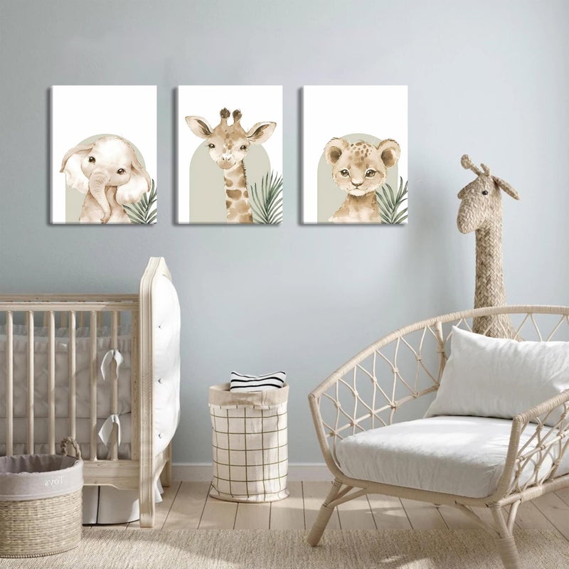 BGFCE Nursery Wall Decor Set of 3, Cute Animal Lion Elephant Baby Pictures Poster Prints, Giraffe Jungle Canvas Wall Art Woodland Nursery Decor for Boys Girls Room Decoration 12x16 inch Framed - Image 2