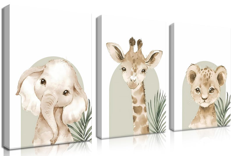 BGFCE Nursery Wall Decor Set of 3, Cute Animal Lion Elephant Baby Pictures Poster Prints, Giraffe Jungle Canvas Wall Art Woodland Nursery Decor for Boys Girls Room Decoration 12x16 inch Framed - Image 1