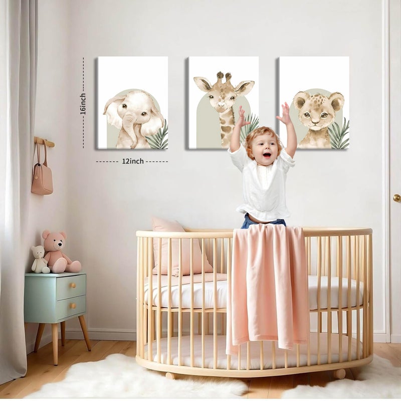 BGFCE Nursery Wall Decor Set of 3, Cute Animal Lion Elephant Baby Pictures Poster Prints, Giraffe Jungle Canvas Wall Art Woodland Nursery Decor for Boys Girls Room Decoration 12x16 inch Framed - Image 3
