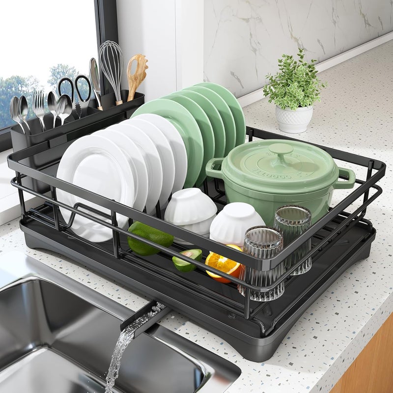 SAGREENY Dish Drying Rack - Stainless Steel Dish Rack for Kitchen Counter, Large-Capacity Dish Drainer with Cutlery Holder, Kitchen Organizer for Dishes, Spoons and Forks, Black - Image 1