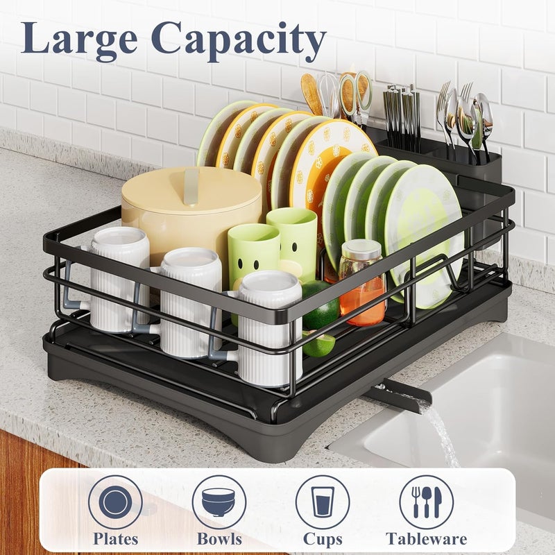 SAGREENY Dish Drying Rack - Stainless Steel Dish Rack for Kitchen Counter, Large-Capacity Dish Drainer with Cutlery Holder, Kitchen Organizer for Dishes, Spoons and Forks, Black - Image 2