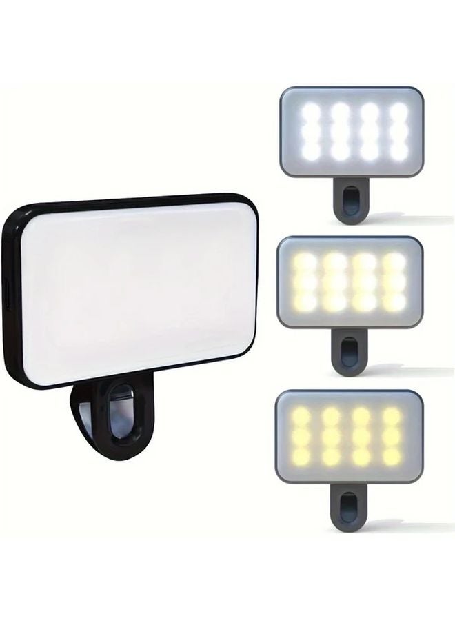 ضوء LED ثلاثي الألوان أسود محمول قابل للشحن عبر USB مع مشبك لتعبئة الضوء للهاتف والكمبيوتر - Image 1