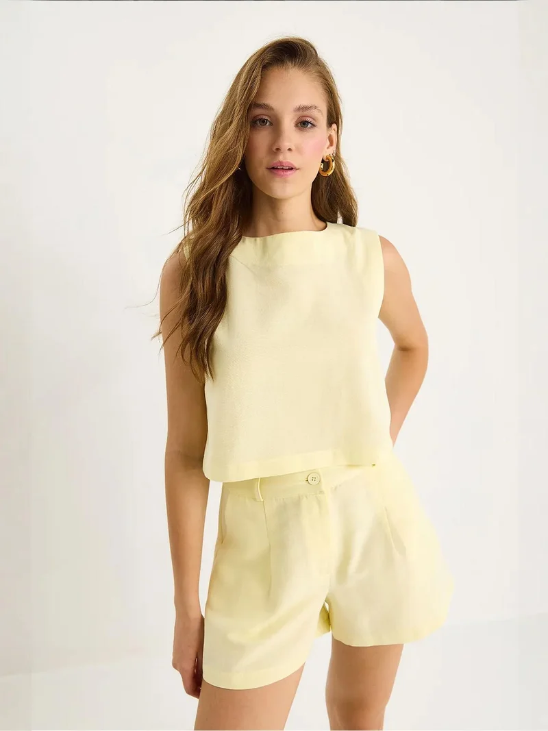Bianco Lucci Lemon Yellow LUCCI High Waist Sleeveless Crew Neck Two-Piece Set for Women | Best Price UAE