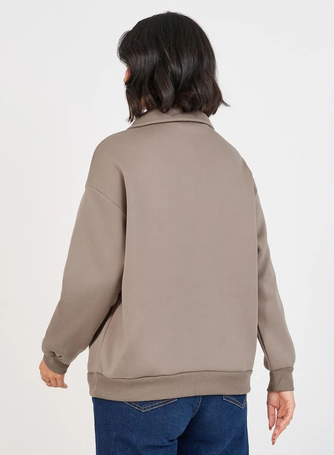 Styli Oversized Longline Polo Sweatshirt with Embroidery Detail