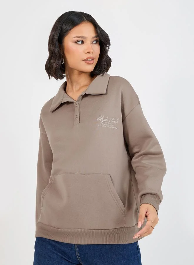 Styli Oversized Longline Polo Sweatshirt with Embroidery Detail