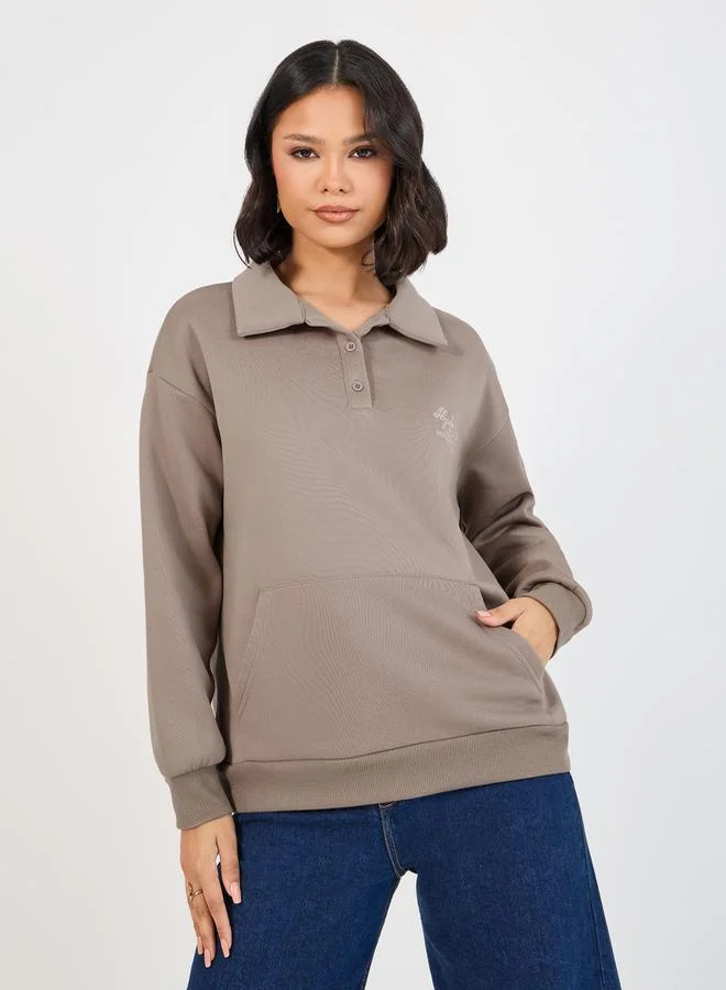 Oversized Longline Polo Sweatshirt with Embroidery Detail
