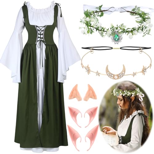 Bonuci 6 Pcs Medieval Renaissance Fairy Costume Women Halloween Elf Cosplay Outfits Victorian Dress Elf Ears Fairy Headpiece(X-Small,Olive Green) - Image 1