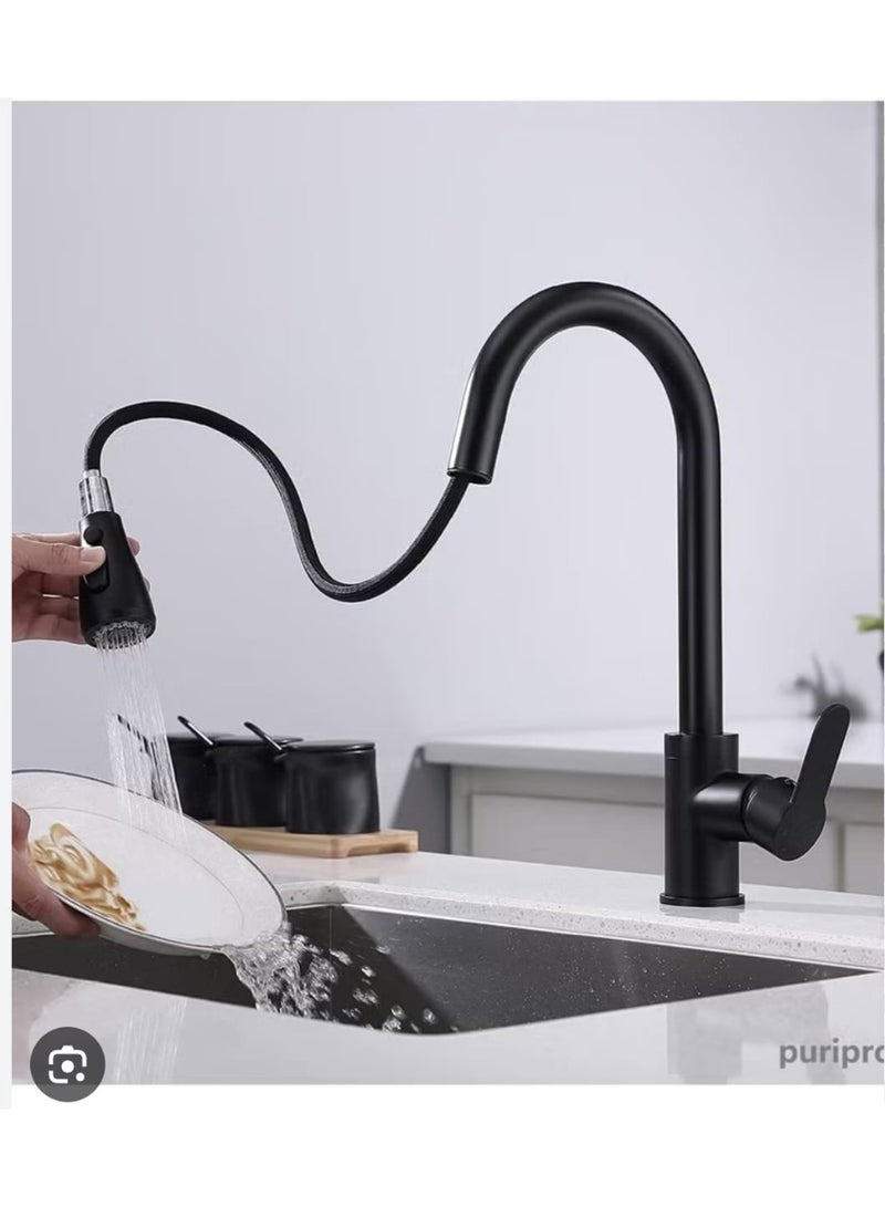 حنفية مطبخ سوداء قابلة للسحب بدوران 360 درجة – خلاط مياه ساخنة وباردة مع نمطي تدفق ورشاش لتجهيزات المطابخ العصرية - Image 2