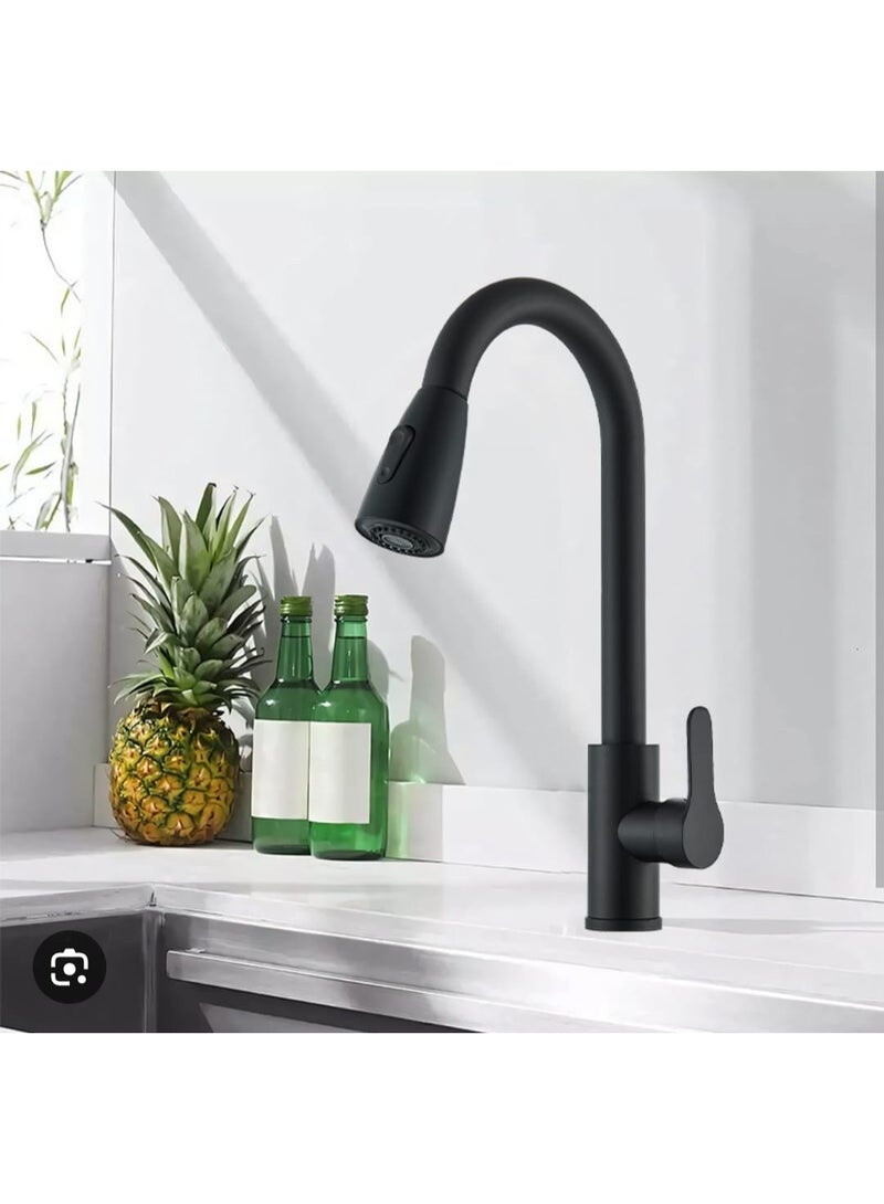 حنفية مطبخ سوداء قابلة للسحب بدوران 360 درجة – خلاط مياه ساخنة وباردة مع نمطي تدفق ورشاش لتجهيزات المطابخ العصرية - Image 1