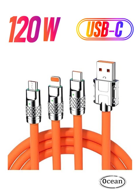 3 in 1 Fast Charging Cable, Multiple Charging Cable Extra Bolded Multi USB Charger Cord 2M For Cellphone Tablets Orange