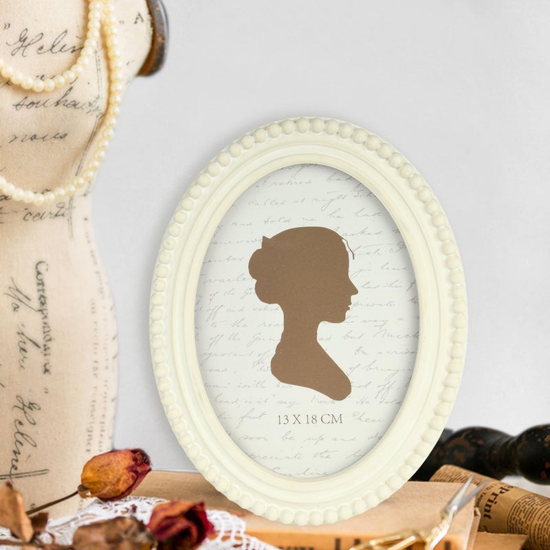 Sunlit Boho Vintage Picture Frame 5x7 Inch with Beaded Border, Oval Luxury Antique Photo Frames with Glass Front, Photo Display, Tabletop Wall Hanging, Gift Idea, Distressed White - Image 4