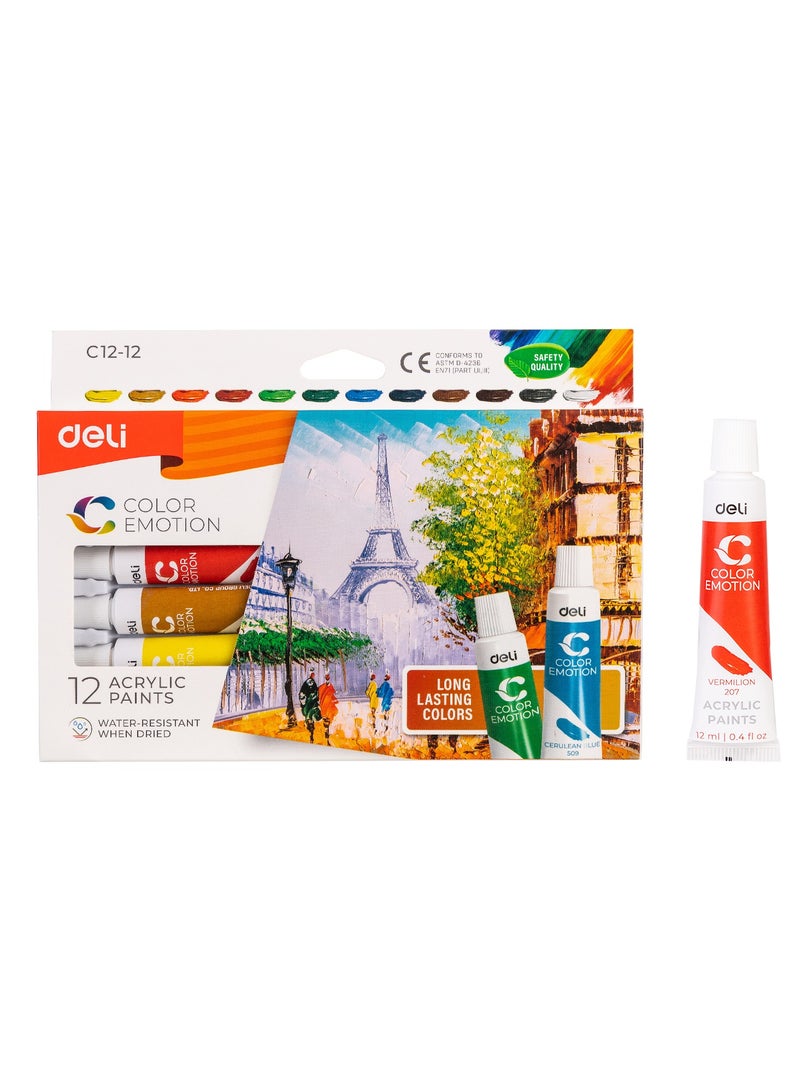 Deli Colour Emotion Acrylic Paints 12ml 12 PCS - Image 1