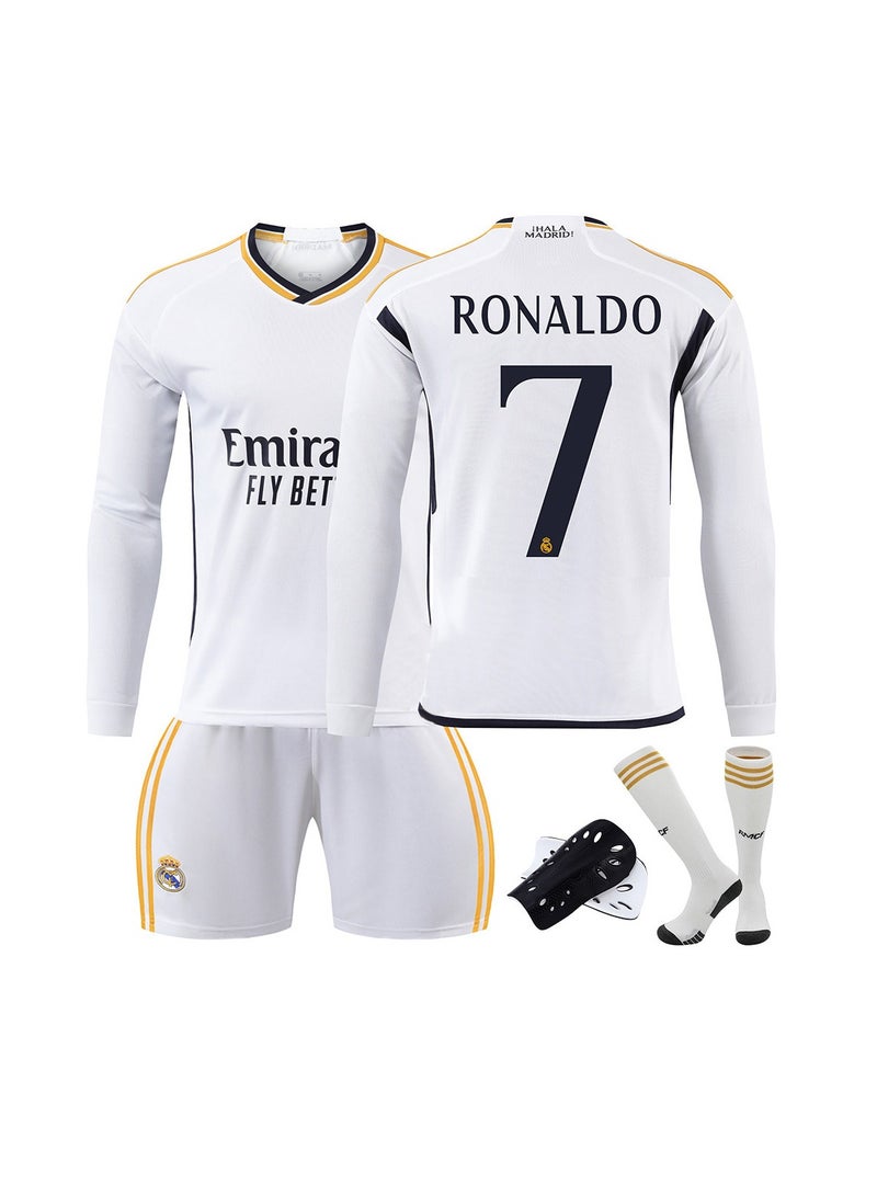 general 2324 Real Madrid home football uniform No. 7 C Ronaldo + socks and guards long-sleeved suit autumn and winter training suit children's adult size for fans and friends gifts 