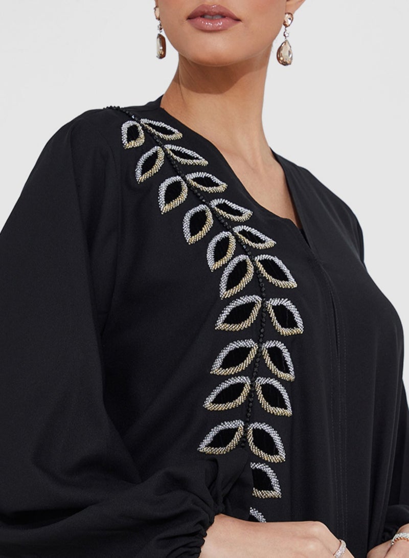 Rosette Abaya Abaya with hand embroidery & velvet Leaves - Image 2