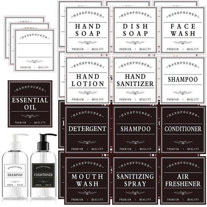 BLACK AND WHITE SOAP DISPENSER STICKER REUSABLE LABEL FOR GLASS AND PLASTIC CONDITIONER BOTTLES MOUTHWASH DISPENSER LABEL 25 PCSBW