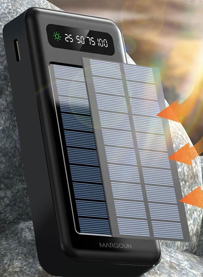 20000mAh Solar Power Bank with Fast Charging – High-Capacity External Battery Pack for Phones and Tablets | Portable Black Power Bank with Built-In Cable & Dual USB Output for On-the-Go Charging - Image 2