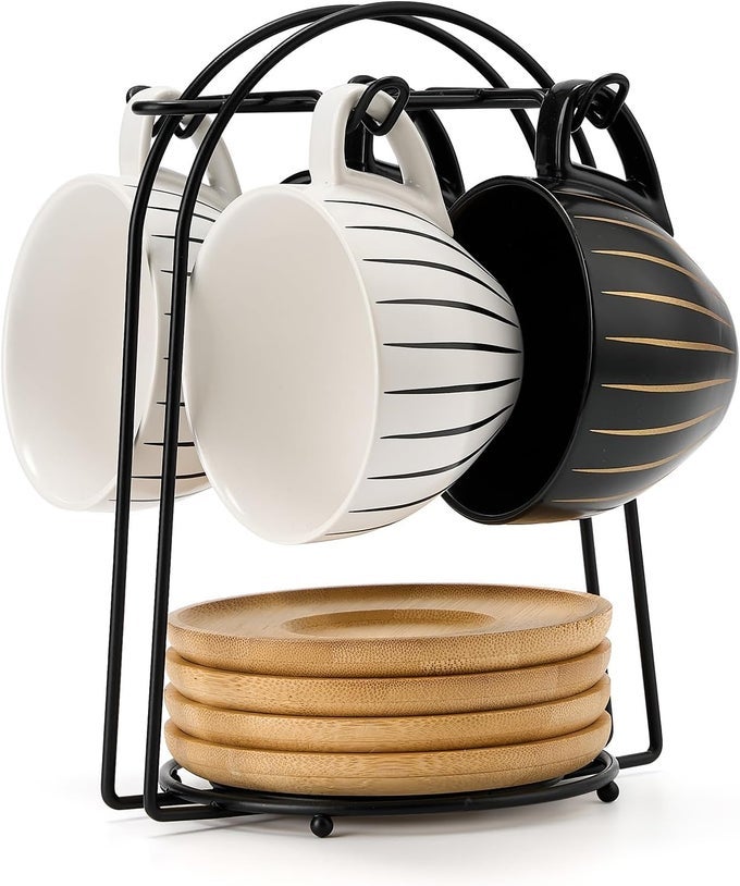 CERAMIC DEMITASSE ESPRESSO CUPS SET WITH SAUCERS AND METAL STAND 8 OZ PORCELAIN CAPPUCCINO CUPS TEACUP FOR TEA ESPRESSO LATTE COFFEE CAFE MOCHA SET OF 4 STRIPE WHITE BLACK