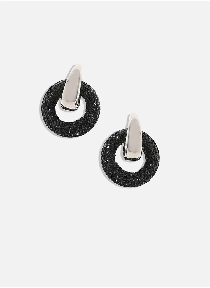 SOHI Circular Cluster Drop Earrings - Black & Silver-Colour