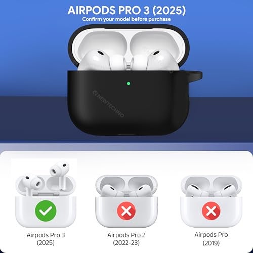 NEWTECHNO Case Cover for Airpods Pro 3rd Generation (2025), with Adhesive Top, Soft Silicone Cover, Shock-Absorbing Protective Case with Keychain for Airpods Pro 3 Case [Front LED Visible] (Black) - Image 3
