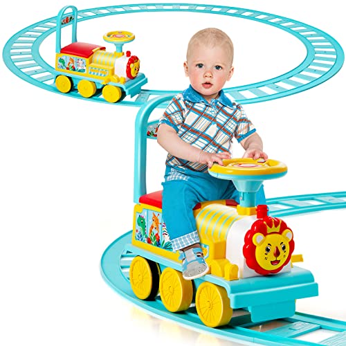 GLACER Ride On Train with 16 Pieces Tracks for Kids Electric Ride On Toy with Lights Sounds Storage Box Under Seat and Retractable Foot Pedals Gift for Toddler Boys and Girls 3 Years Blue - Image 1