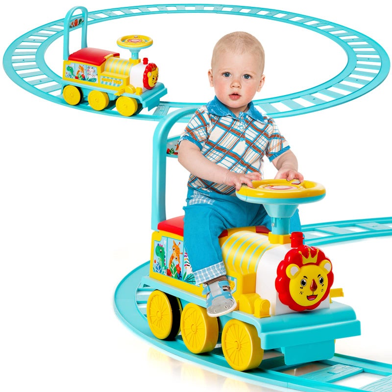 GLACER Ride On Train with 16 Pieces Tracks for Kids Electric Ride On Toy with Lights Sounds Storage Box Under Seat and Retractable Foot Pedals Gift for Toddler Boys and Girls 3 Years Blue - Image 3