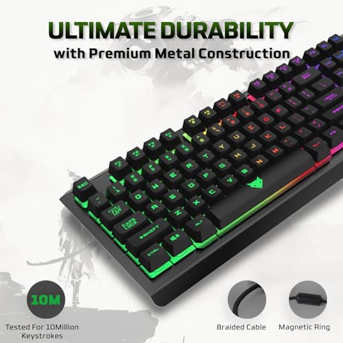 EvoFox Warhammer Semi-Mechanical Gaming Keyboard with Breathing Effect LED Backlit | Metal Top | Floating Keycaps | 19 Anti Ghosting Keys | Windows Lock Key | Braided Cable | (Black) - Image 3
