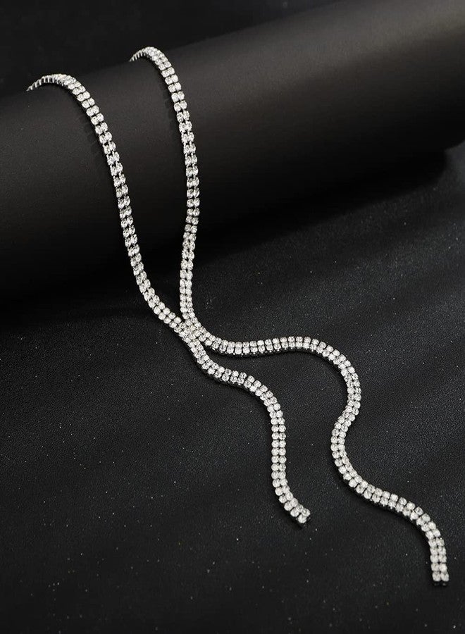 Chargances Womens Fashion Rhinestone Long Necklaces Trendy Long Elegant Crystal Chain Choker Sweater Statement Necklace Women Fashion (Silver) - Image 4