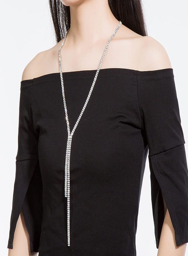 Chargances Womens Fashion Rhinestone Long Necklaces Trendy Long Elegant Crystal Chain Choker Sweater Statement Necklace Women Fashion (Silver) - Image 2