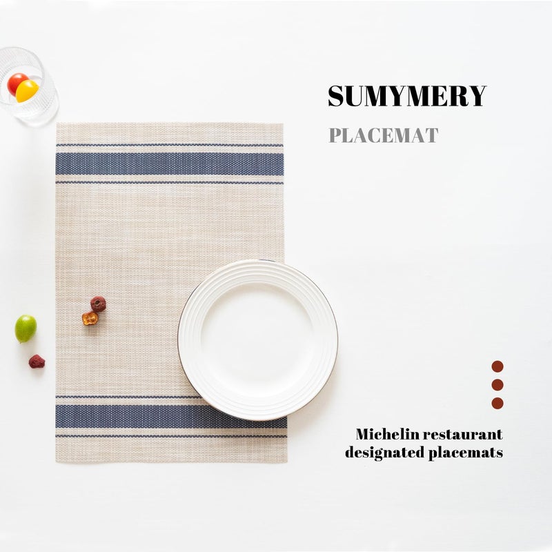 SUMYMERY Placemats Set of 6 Vinyl/Plastic Woven Place Mats for Kitchen Table Indoor/Outdoor Washable Placemat Wipeable Dining Table Mats (Khaki Blue,6) - Image 5