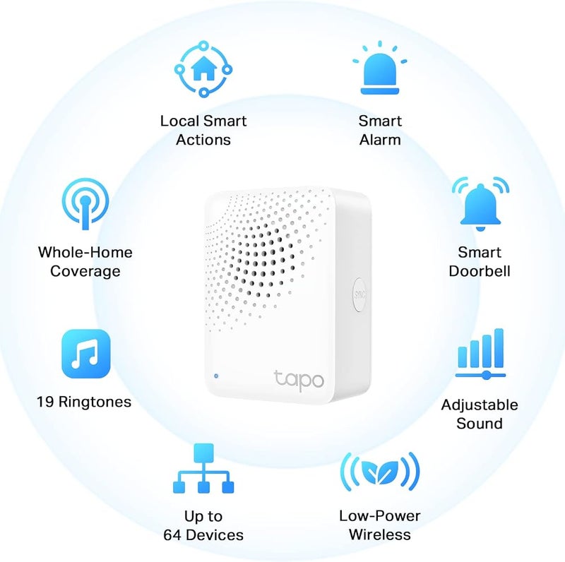 تابو مركز تحكم ذكي من TP-Link Tapo مزود بجرس مدمج، يتطلب شبكة Wi-Fi بتردد 2.4 جيجاهرتز، يوفر اتصالات طويلة المدى وموثوقة مع أجهزة Tapo الذكية، ويستخدم بروتوكول لاسلكي منخفض الطاقة (Sub-1G)، ويمكنه التواصل مع ما يصل إلى 64 جهازًا ذكيًا. Tapo H100 - Image 2