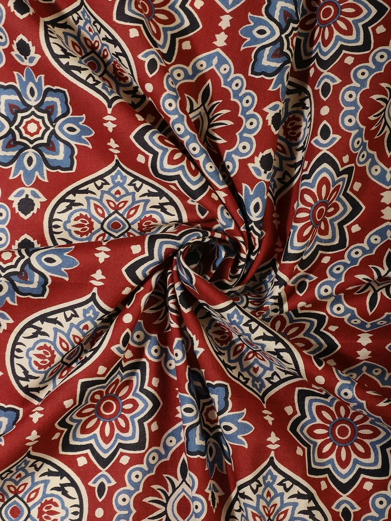 أيه كيه إس Mughal-Inspired Mandala Print Fabric - Deep Red & Blue