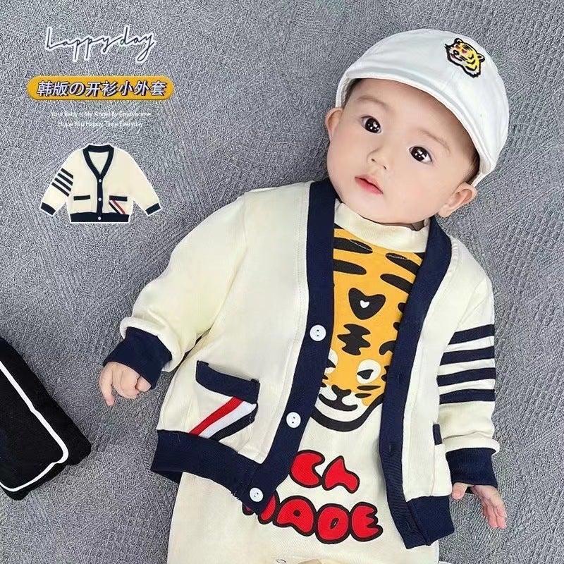 Infants Clothes Knitted Cardigan Coat Spring and Autumn Boys and Girls Baby Childrens Western-style Out-of-town Knitted Top Trendy Beige [color strip cardigan]] 