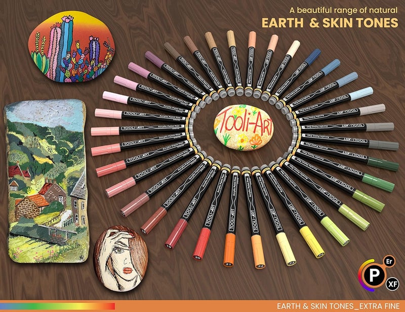 TOOLI-ART 36 Acrylic Paint Pens Skin and Natural Earth Tone Marker Set For Rock Painting, Canvas, Mugs, Glass, Plastic, Wood, Metal, Fabric, Scrapbooking, Most Surfaces. Quick Drying Waterbased (EXTRA FINE) - Image 5